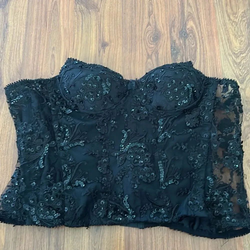 Blue Marien black lace and sequins bustier corset top size M New York Paris Ital